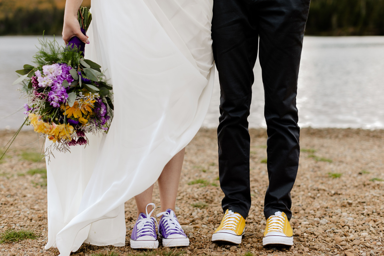 bride and groom wearing sneakers