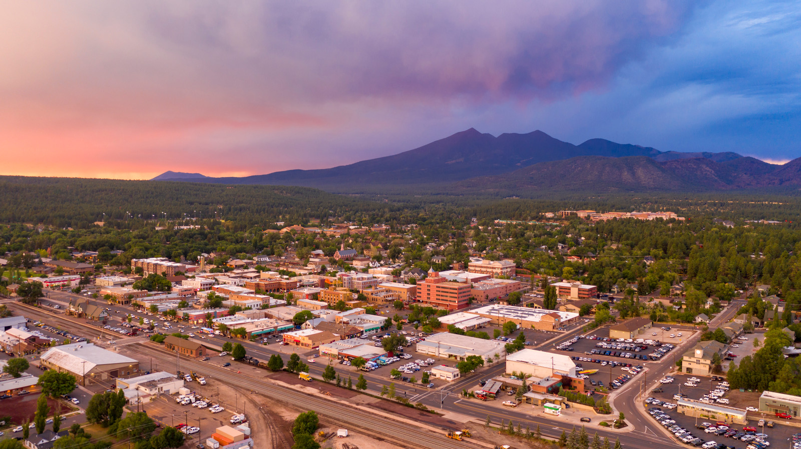 A view of downtown Flagstaff with San Francisco Peaks in the Background P